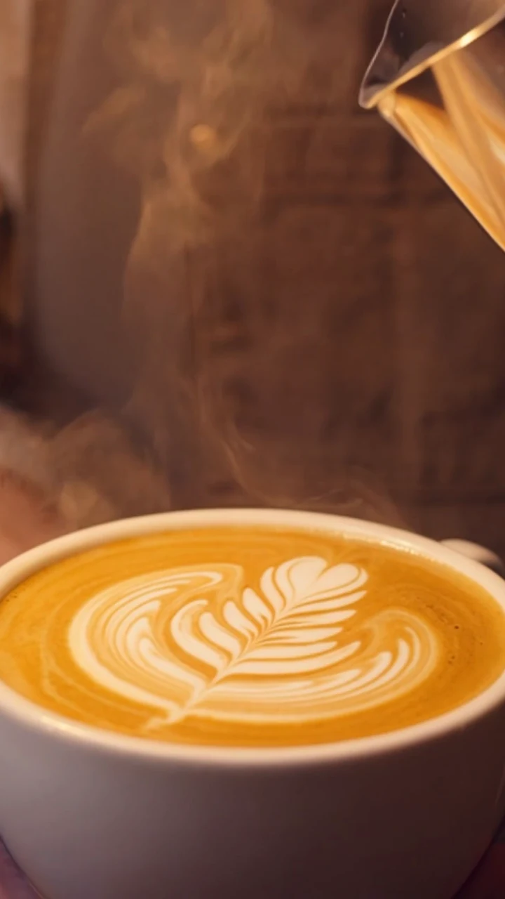 Ein Café: eine Tasse Kaffee mit Rosetta, Dampf steigt auf, darüber eine warme Lampe