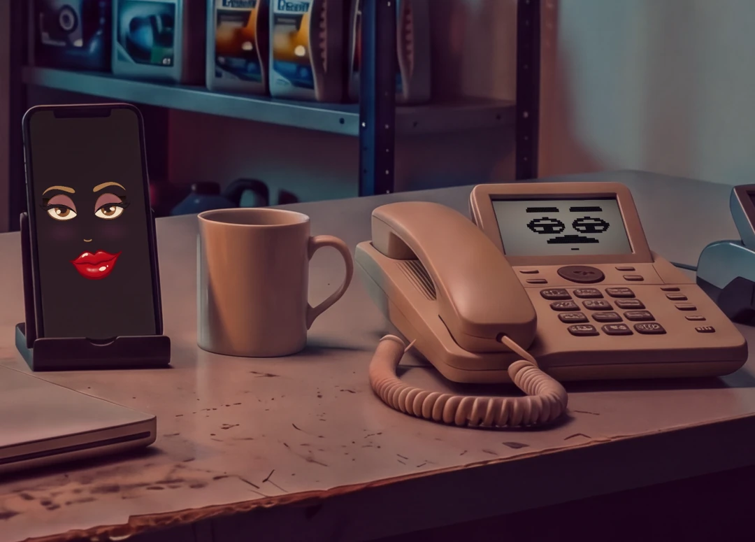 Ein Schreibtisch bei Nacht: ein Laptop mit einer alten Homepage, ein Handy mit gezeichnetem Gesicht, ein Becher und ein altes Telefon mit Pixelgesicht.